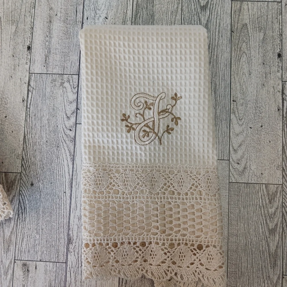 Towels Set of 2, Embroidered Letter J Crochet, Cotton, Made in Portugal